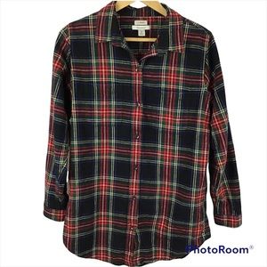 L.L.Bean Scotch Plaid Flannel Shirt Tunic Black Stewart Tartan Size Medium